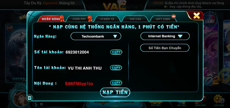 Giao dịch nạp rút tại Vac88.Club